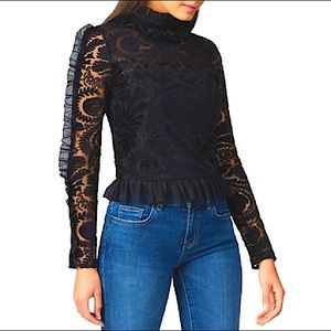 🆕 Velvet & Mesh Trim Long Sleeve High Neck Blouse